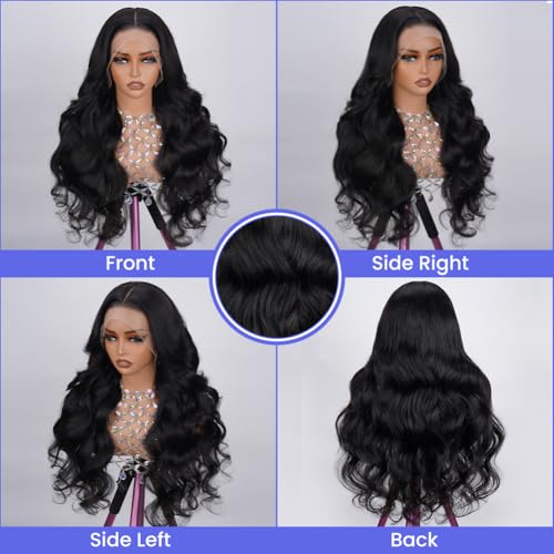 13x4 HD Transparent Lace Front Wigs Human hair Pre Plucked 180 Density Brazilian Body Wave Frontal Wigs Human Hair with Baby Hair Natural Hairline Natural Black Color 24 Inch