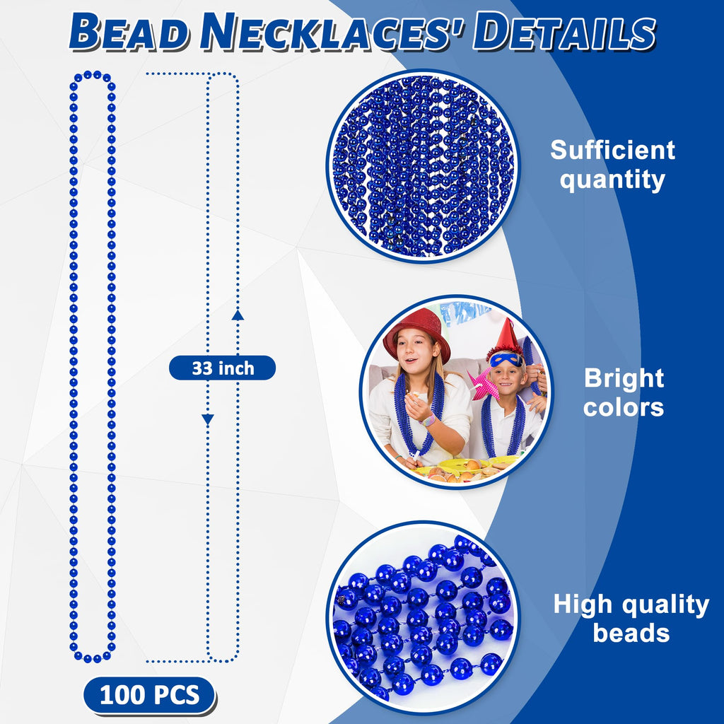 100PCS Bead Necklace, Blue Bead Necklaces Stuff Bulk, 33" Christmas Bead Necklaces Party Supplies, Festival Parade Throw Accessories for Wedding Birthday Pirate Theme Party Baby Shower Supplies Decor