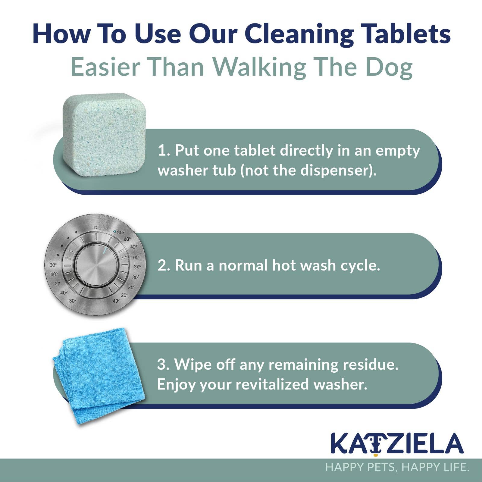 Katziela Washing Machine Cleaner Tablets – Plant-Based, Enzyme Formula for Pet Hair & Odor Removal – Fragrance-Free, Safe for All Washers