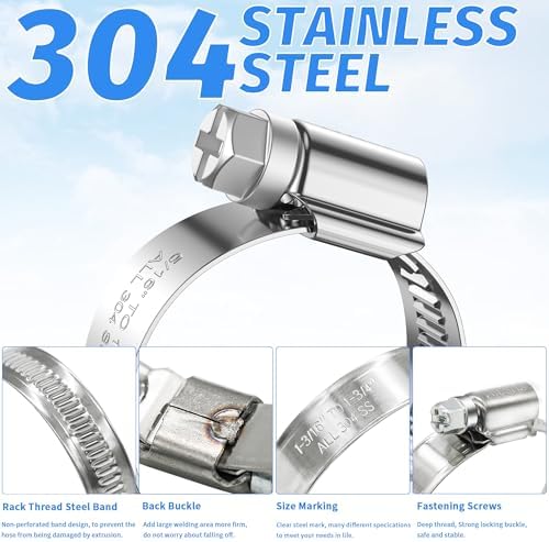 12PCS Heavy Duty Hose Clamps Stainless Steel 304,1 5/8" Hose Clamp-2 3/8" Hose Clamp in (40-60mm) Adjustable Worm Gear Drive Radiator Hose Clamps,Pipe Clamp for Plumbing, Garden, Car and Ships