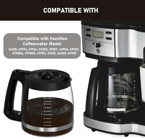 12-Cup Replacement Glass Carafe Pot Compatible with Hamilton Beach Coffee Maker Models 46310, 49980R, 49976, 49966, 49350, 49957, 49954, 49933, 49980A, 49983, 49618, 46300, 49950, Black