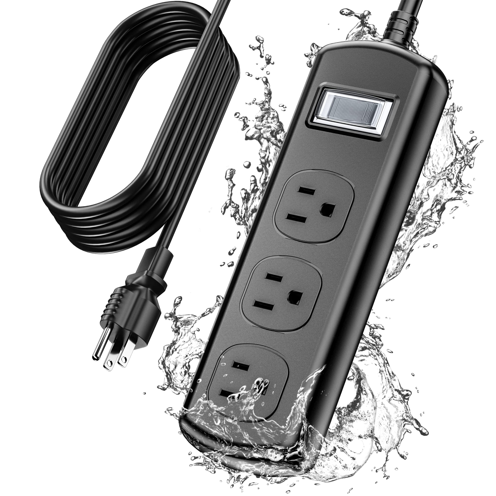 15 FT Outdoor Extension Cord, 3 Wide Outlets Waterproof Power Strip, Weatherproof Surge Protector, Electric Shockproof and Overload Protection for Patio Garden Yard Christmas Lights, Black