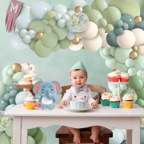 150Pcs Dusty Blue Green Balloon Garland Arch Kit, Ash Mist Green Haze Fog Blue Sand White Gold Balloons for Baby Shower Jungle Safari Woodland Wild One Bridal Birthday Party Decorations