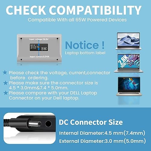 15 3000 3520 65W/45W Laptop Charger Fit for Dell Inspiron 14 15 16 3000 5000 3511 5630 5620 5625 3510 3521 3525 3552 5420 5425 5579 Vostro 3425 3520 5630 5510 AC Power Supply Adapter Cord