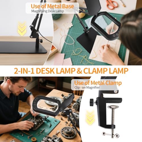 10X Magnifying Glass with Light and Stand: 2-in-1 LED Lighted Magnifier Lamp with Clamp - Hands Free Magnifying Glasses Desk Lamp for Reading Close Work Painting Craft Hobby