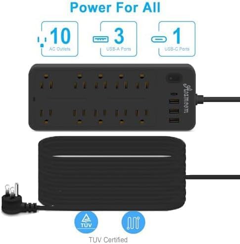 15 FT 14-in-1 Power Strips with Surge Protection 1700J,10 Outlets with 4 USB Ports (1 USB C) Long Extension Cord with Multiple Outlets 16Awg 1625W/13A Flat Plug Power Strip Protector Black