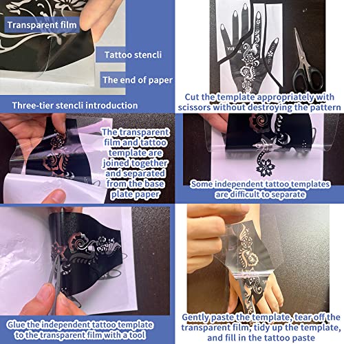 11 Sheets total 84 Tattoo Patterns, 6 Pcs 3 Color (Brown Black Maroon) Temporary Tattoo Kit, Tattoo Stencils Kit