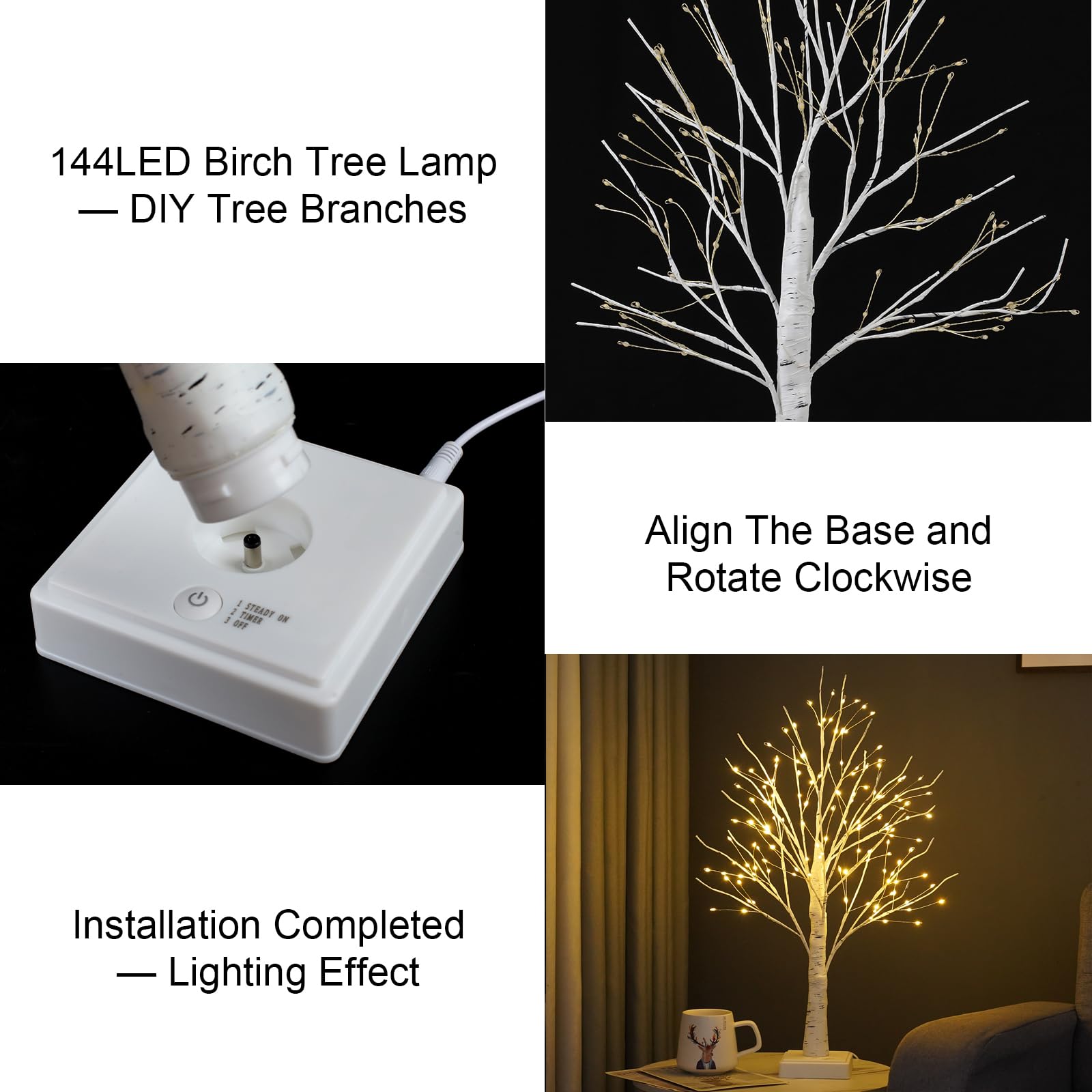 144 LED Artificial Tree Lamp with Timer, DIY Birch Tree with LED Lights, Lighted up Tree Lamp USB/Battery Powered, Fairy Light Spirit Tree for Table Home Wedding Bedroom Christmas (Warm White)
