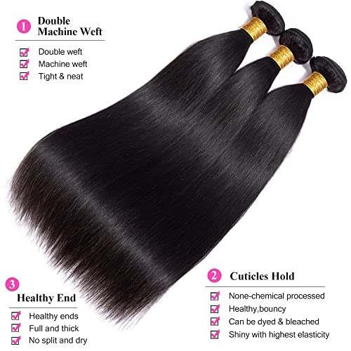 10A Brazilian Straight Human Hair 3 Bundles with Closure 12 14 16+10 Inch Straight Bundles with Closure 100% Unprocessed Straight Virgin Hair Weave Bundles Human Hair with Closure HD Lace