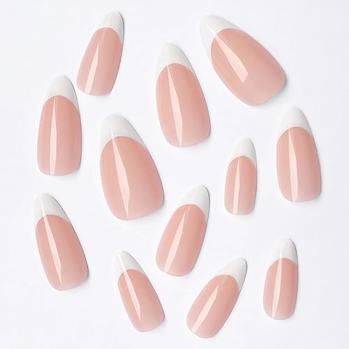 120Pcs White French Tip Press on Nails Almond Shape Fake Nails, Full Cover Glossy Nude False Nails Acrylic Glue on Nails with 5 Sheets Adhesive Tabs for Women Girls Finger Nails Design
