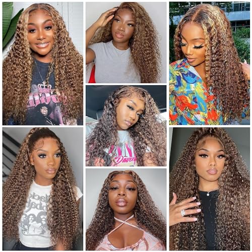 13x6 Deep Wave Lace Front Wigs Human Hair Pre Plucked #4/27 Highlight Ombre Colored Glueless Wigs Water Wave Honey Blonde Curly Lace Frontal Wigs Human Hair for Women with Baby Hair 22 Inch