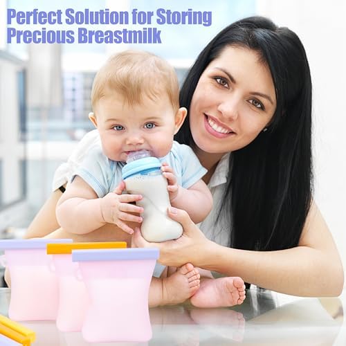 12 Pcs Silicone Breastmilk Storage Bags Reusable, 8oz/240ml Double Leak-Proof Breastmilk Freezer Bags, BPA Free Self-Standing Milk Bags for Breastfeeding, Baby Food Pouches