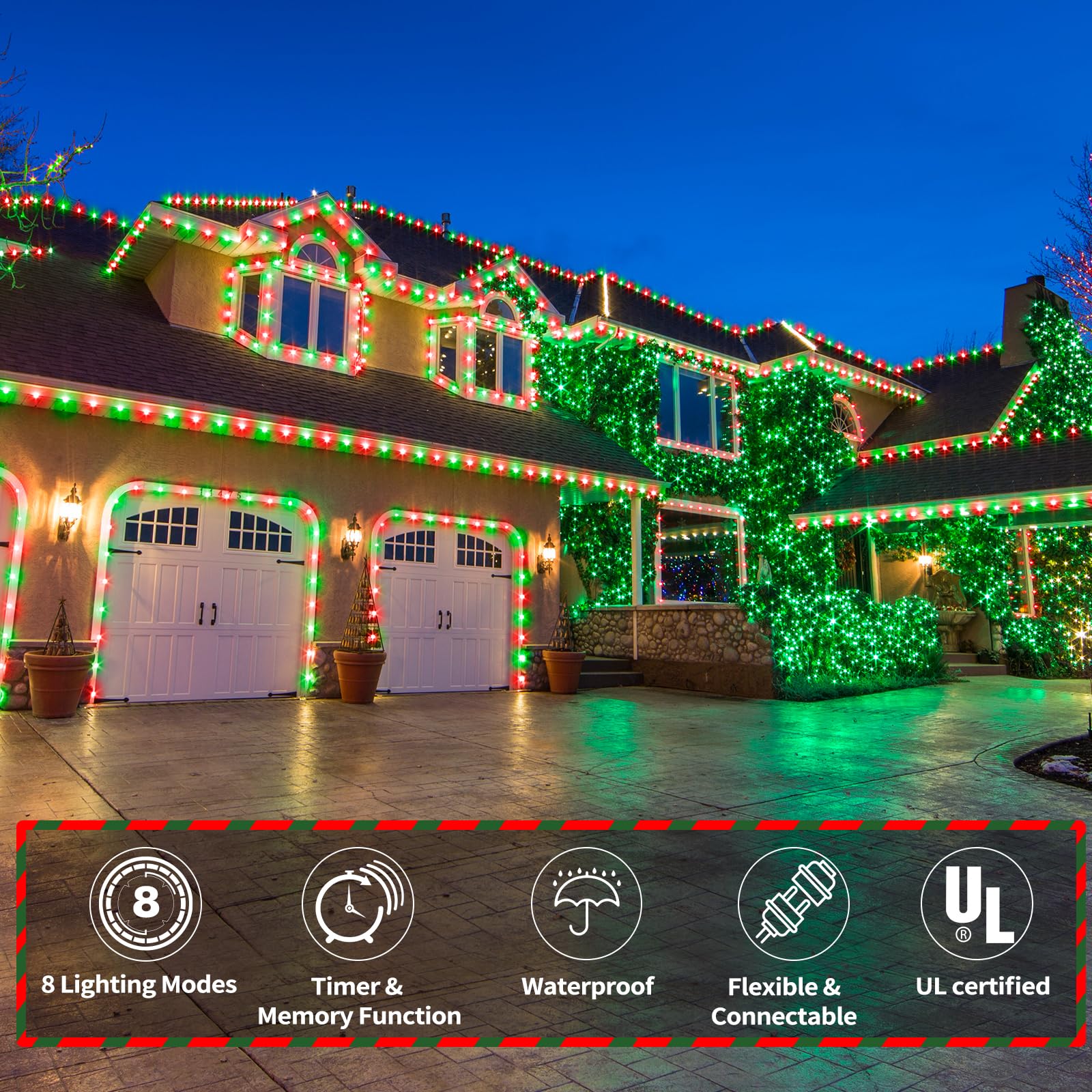 100ft LED Rope Lights Outdoor, 720 LED Connectable and Flexible Tube Lights with 8 Modes, Waterproof LED Rope Lighting for Garden Patio Pool Bedroom PartyIndoor Outdoor Christmas Decor (Red & Green)