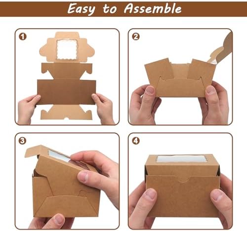100pcs Cookie Boxes 4x4x2.5 Inches: Bakery Boxes with Window, Treat Boxes, Dessert Boxes, Chocolate Covered Strawberries Boxes- Kraft Paper