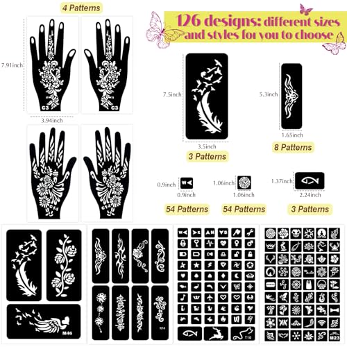 126 PCS Temporary Tattoos Stencils Kit,Henna Tattoos Kit - 6 Pcs 2 Color(Brown Black) Ink with Gloves,DIY Body Art Painting for Women Men Adults Kids