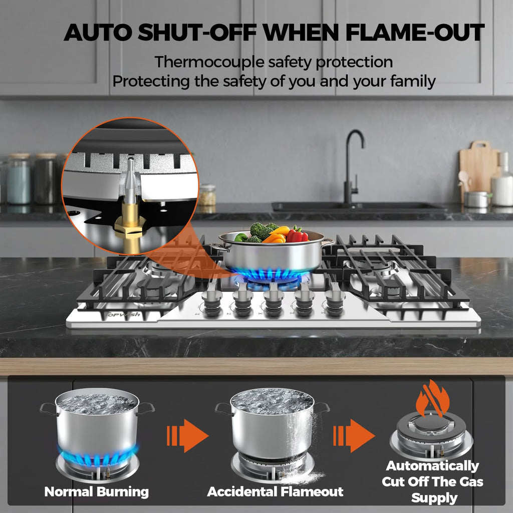 12 Inch Gas Cooktop, TOPWISH Gas Stove Top with 2 High Efficiency SABAF Burners, NG/LPG Convertible 304 Stainless Steel Built-in Propane Stovetop with Thermocouple Protection for Apartments, Rvs