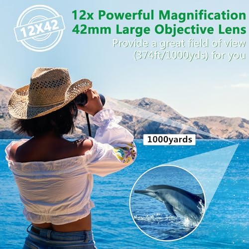 12x42 Binoculars for Adults and Kids High Powered Large Eyepiece Compact Binoculars for Bird Watching Waterproof Easy Focus Binoculars with Low Light Vision for Outdoor Hunting & Travel (Black)