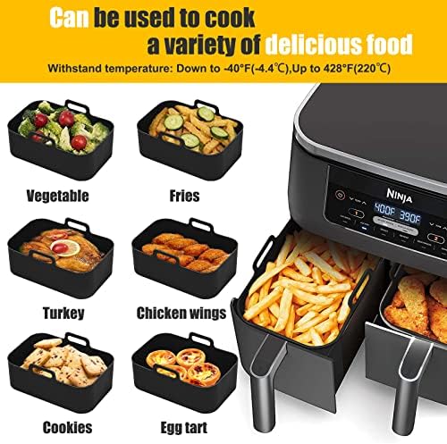 10QT Air Fryer Silicone Liners for Ninja DZ401/DZ550/SL401/SL451/DZ302,MMH 2Pcs Rectangle Food-Grade Airfryer Silicone Pot Reusable Replacement Baking Basket for Cosori 9QT 8-in-1 Dual Air Fryer,Black