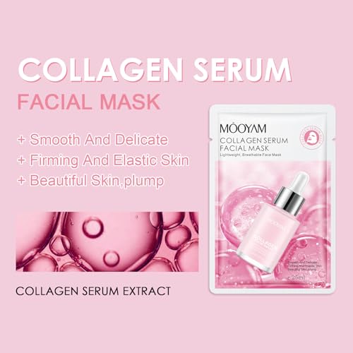 12 Pack Collagen Serum Sheet Masks - Hydrating & Smoothing, Moisturizing & Nourishing for All Skin Types