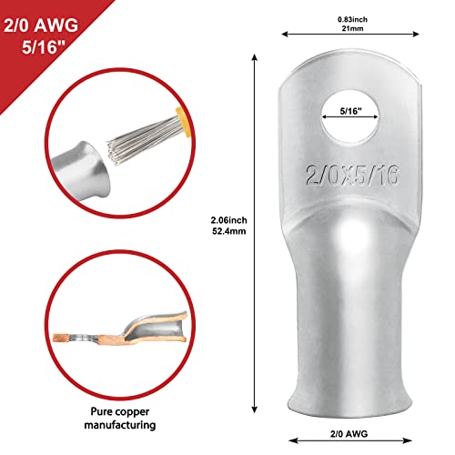 10pcs Sanuke 2/0 AWG - 5/16" Tinned Copper Wire Lugs Ring Terminals, Marine Grade Battery Cable Ends with 3:1 Dual Wall Adhesive Heat Shrink Tubing