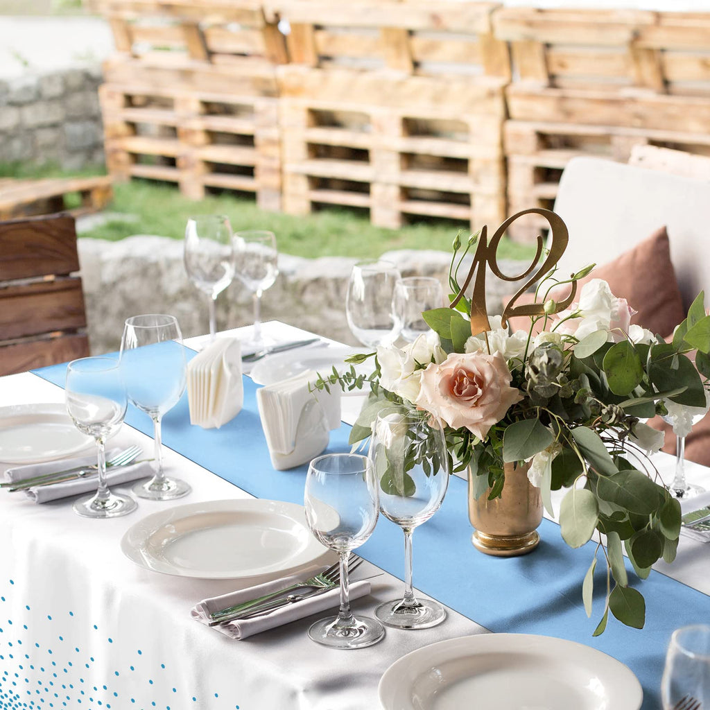 12Pack Disposable Plastic Tablecloths and Satin Table Runner Set White and Light Blue Dot Tablecloth Light Blue Satin Table Runner for Wedding Birthday Baby Shower Engagement Christmas Party Supplies