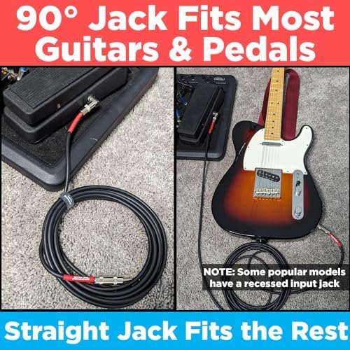 15ft Guitar Cable for Electric Guitar & Bass - Crystal Clear Instrument Cable & Tangle Free - 1/4 Inch Male to Male Inputs with a Right Angle Jack On One End to Secure Your Amp Cord