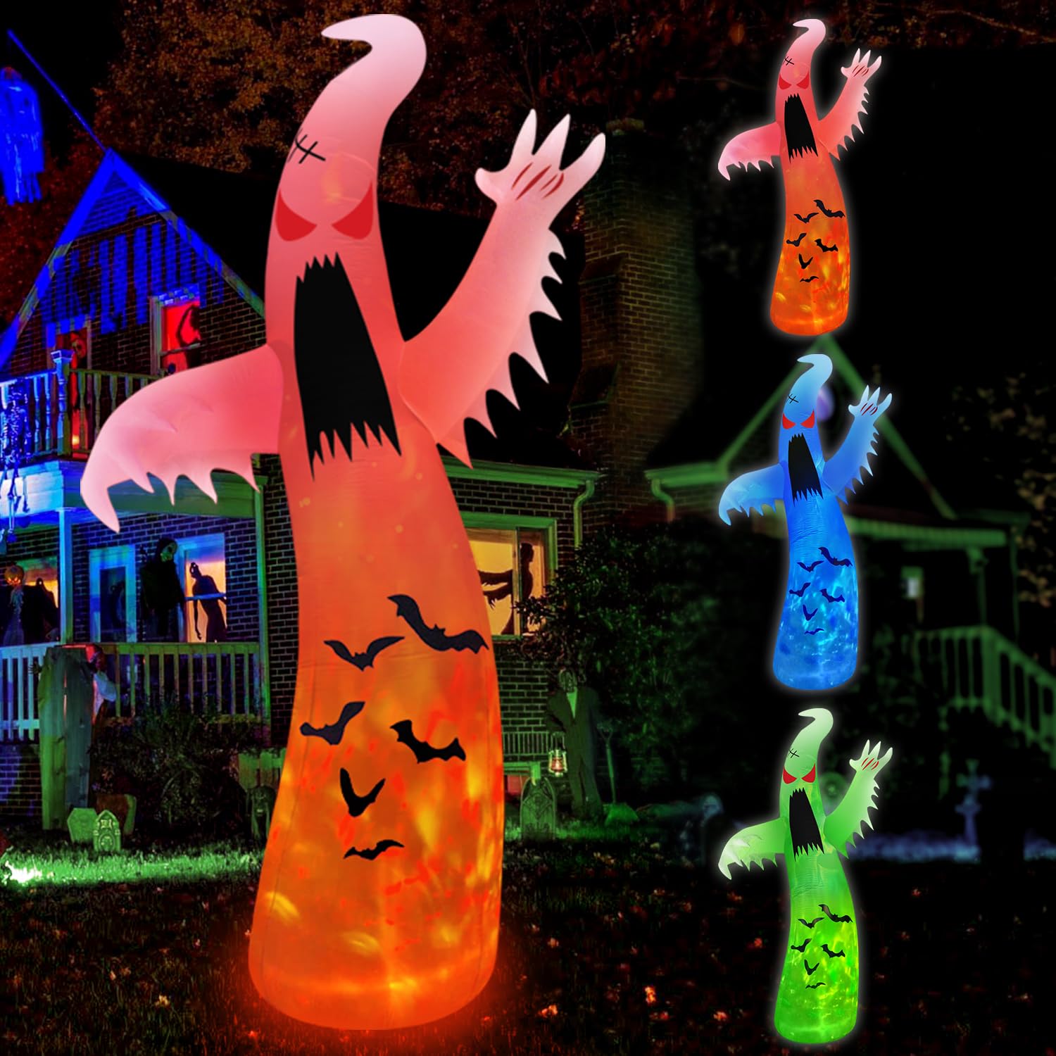 12FT Giant Halloween Inflatables Ghost Outdoor Decorations with 3-Color Rotating Flame LEDs Blow Up Yard Halloween Decorations Outdoor Scary Red Eye Spooky for Lawn Garden Holiday Party Decor