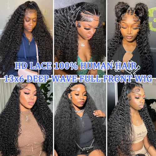 13x6 Deep Wave Lace Front Wigs Human Hair 18 Inch HD Transparent Lace Frontal Wigs Human Hair Deep Wave Wigs For Women 200 Density Deep Curly Human Hair Wigs Pre Plucked With Baby Hair
