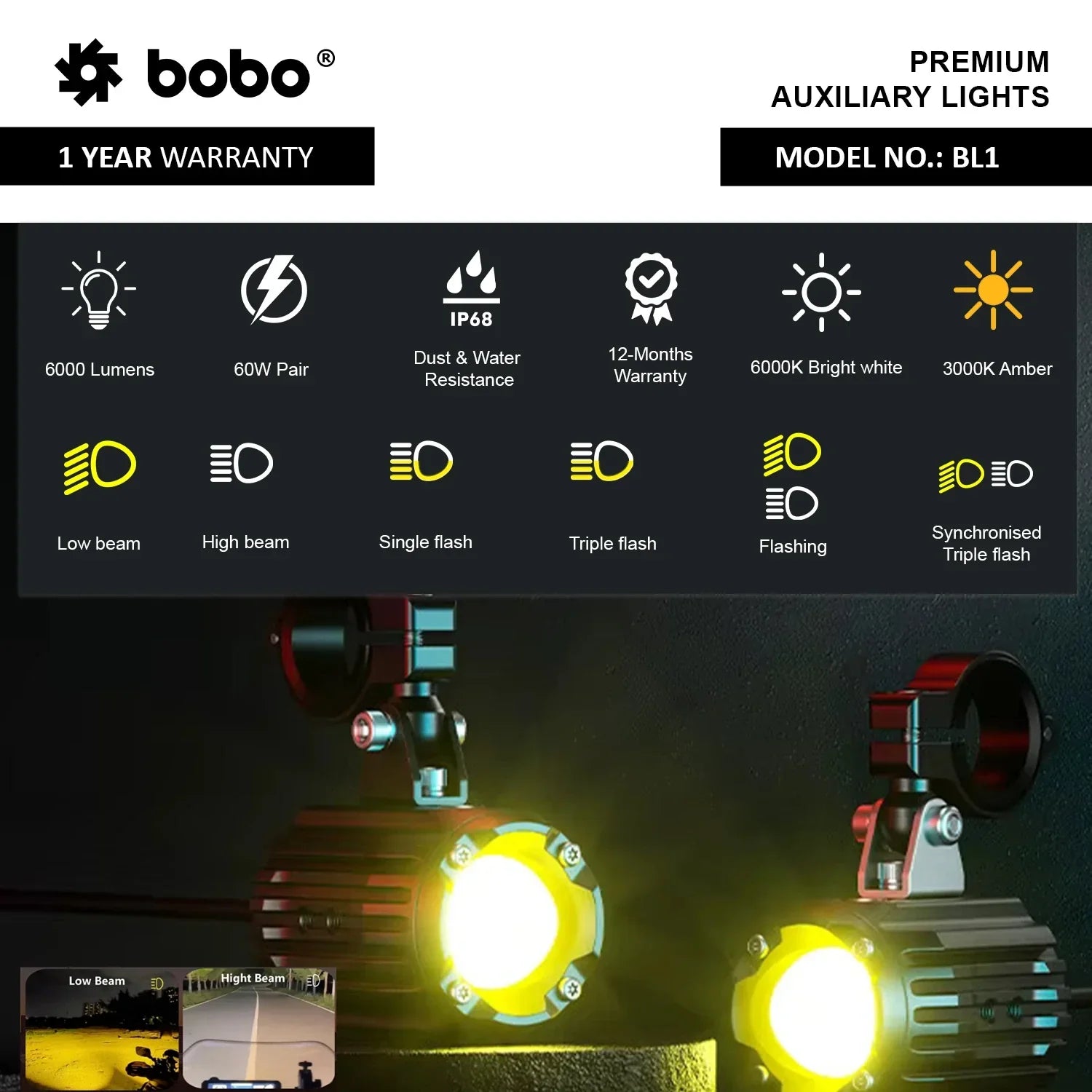 BOBO BL1 Auxiliary LED Lights with Dual Colour & 6000 Lumens