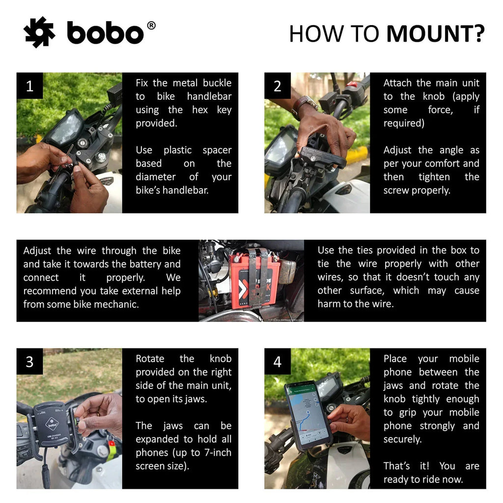 BOBO BM1 PRO Phone Holder with USB 3.0 Charger & SAE Connector