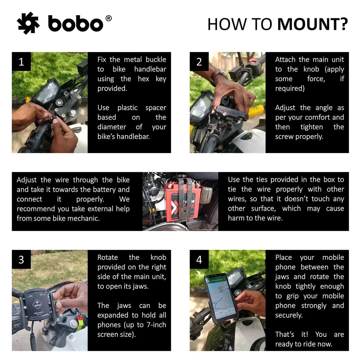 BOBO BM1 PRO Phone Holder with USB 3.0 Charger & SAE Connector
