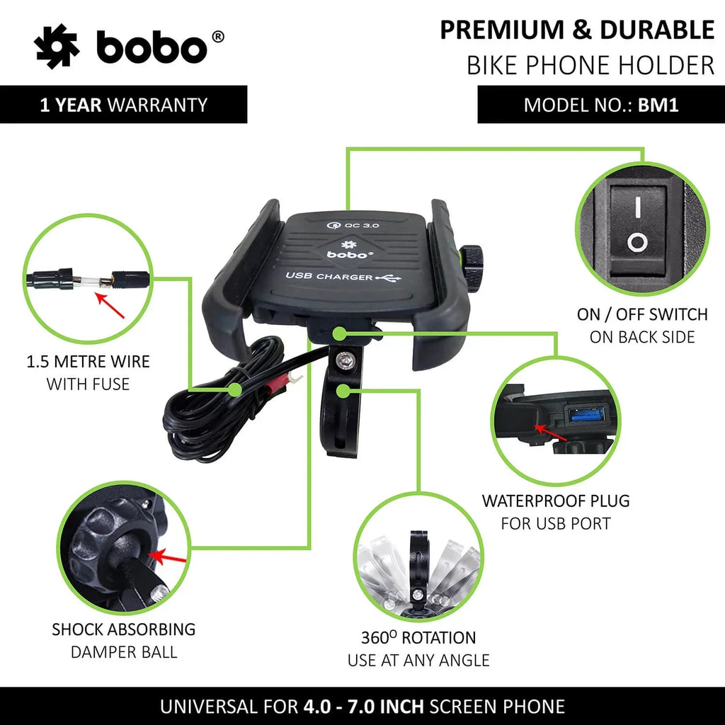 BOBO BM1 Phone Mount with USB 3.0 Fast charger