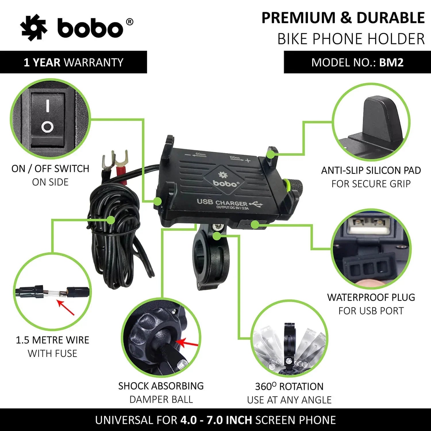BOBO BM2 Aluminium Phone Holder with 2.5A USB charger