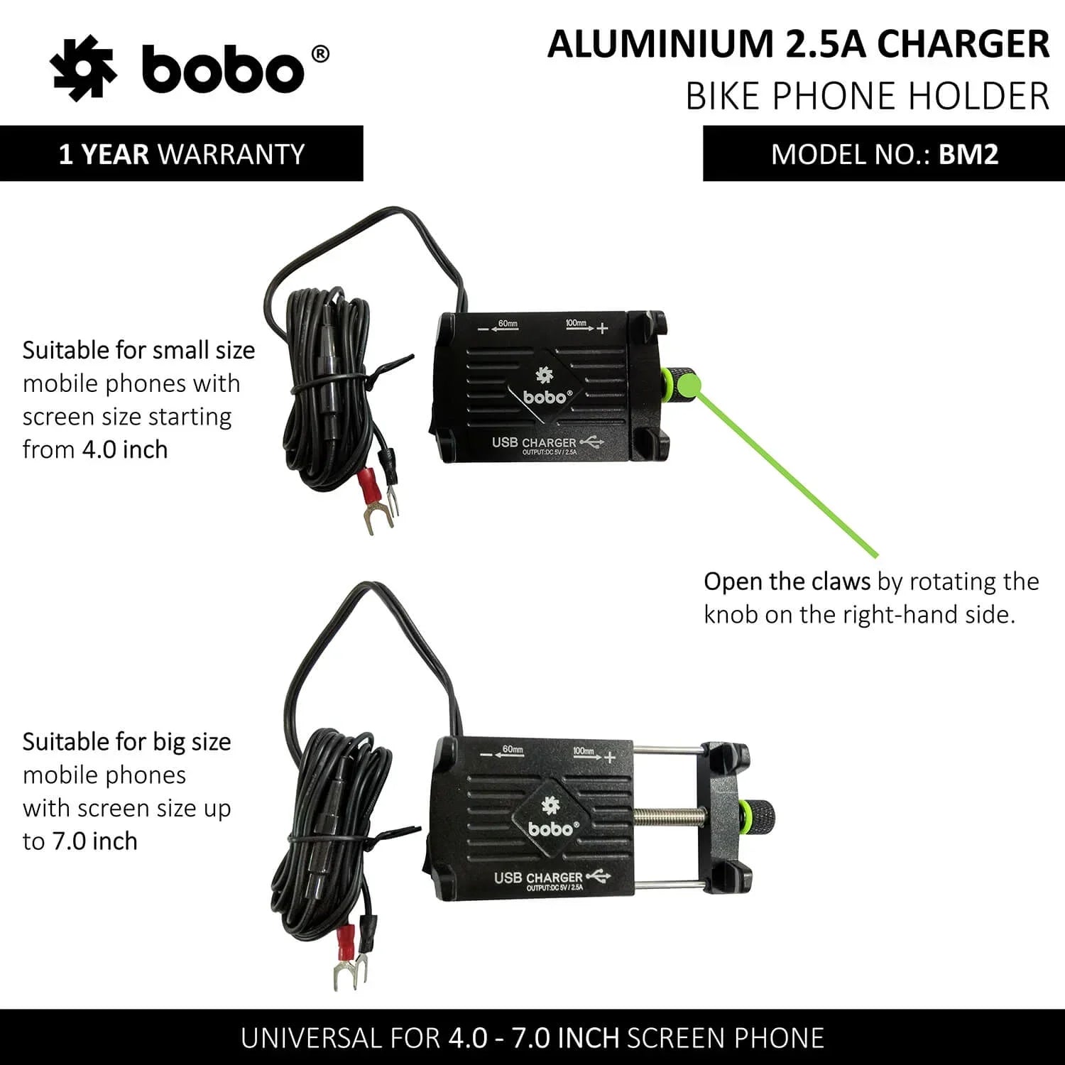 BOBO BM2 Aluminium Phone Holder with 2.5A USB charger