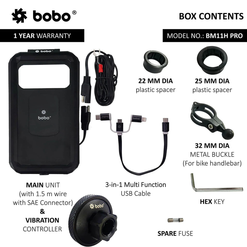 BOBO BM11H PRO Fully Waterproof Bike Phone Holder with Vibration Controller with Fast 15W Wireless & USB-C Charger