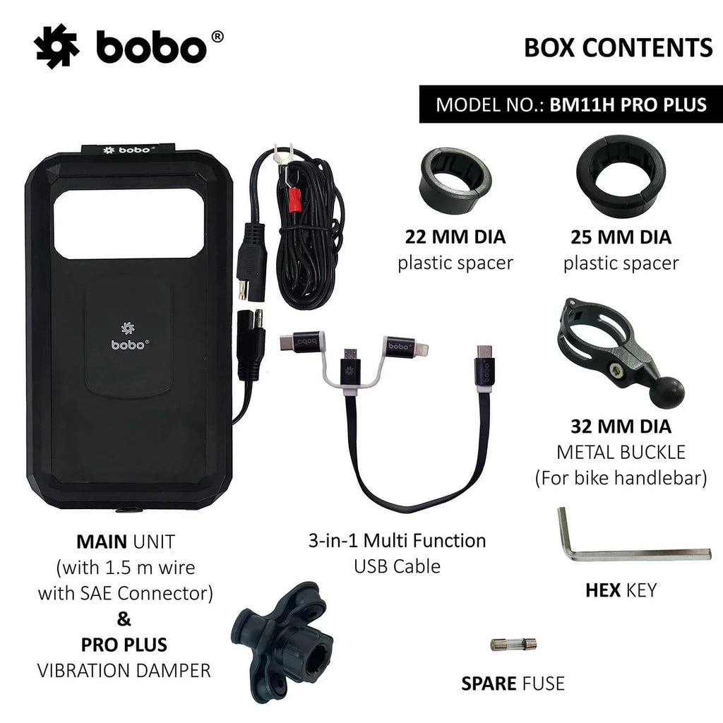BOBO BM11H/M PRO PLUS Fully Waterproof Bike Phone Holder with PRO PLUS Vibration Damper with Fast 15W Wireless & USB-C Charger