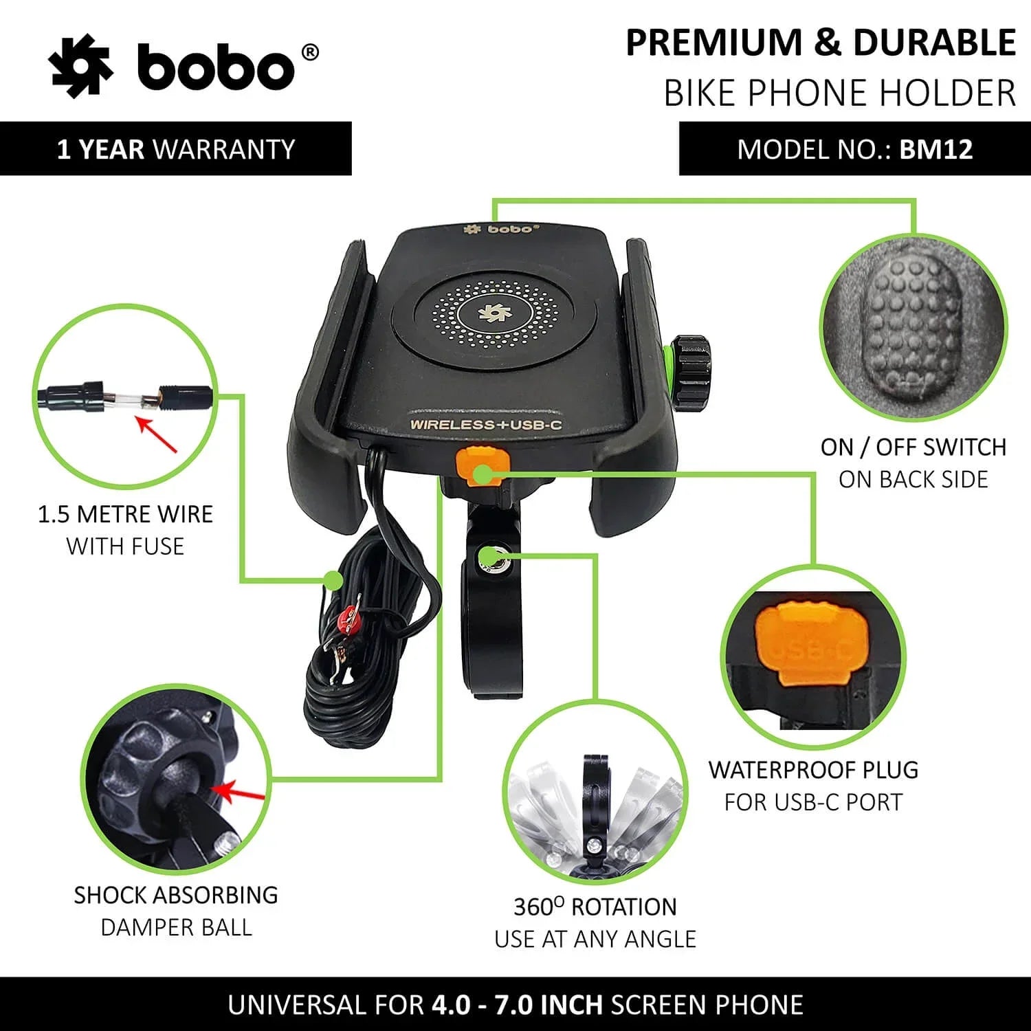 BOBO BM12 Bike Phone Holder with Fast 15W Wireless & USB-C Charger