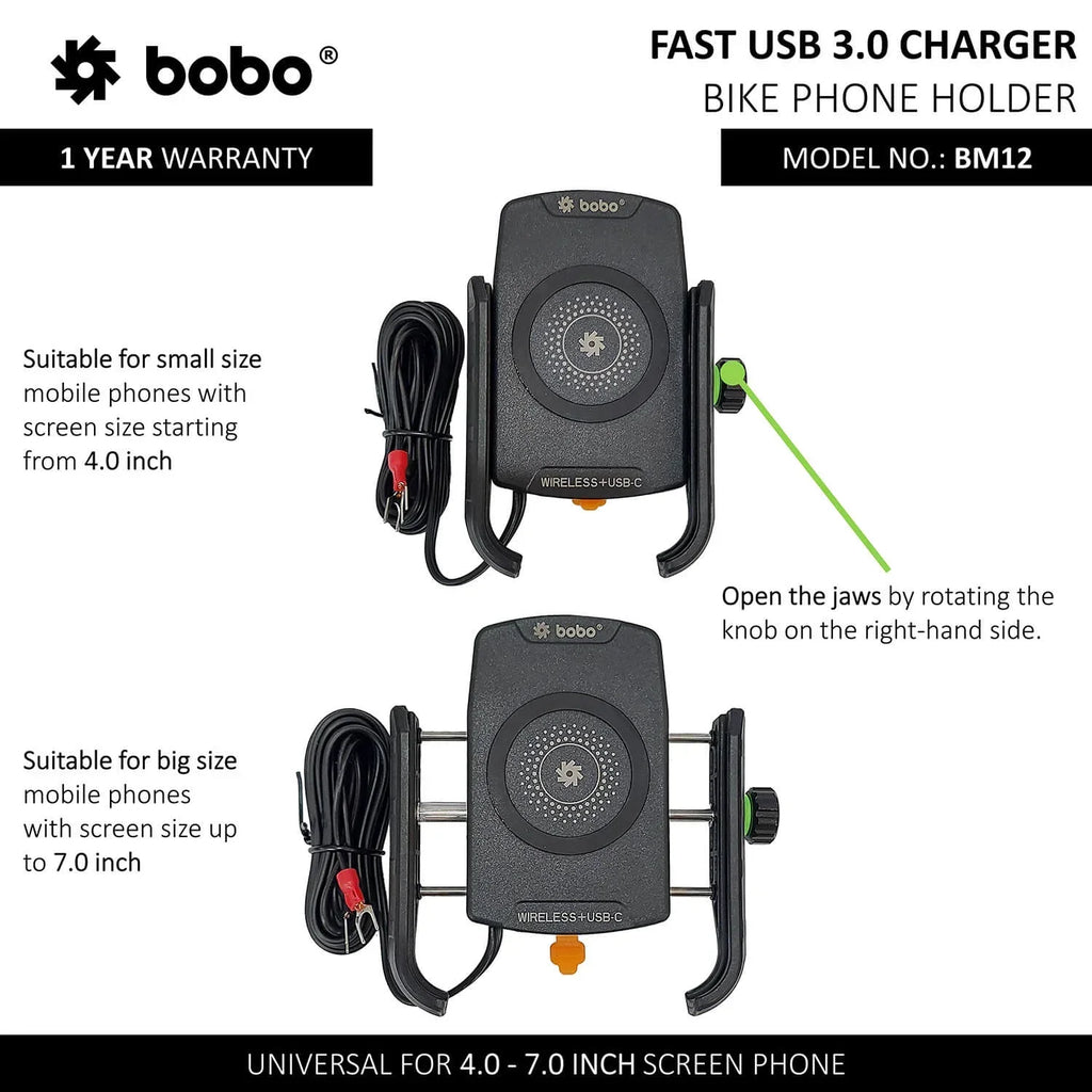 BOBO BM12 Bike Phone Holder with Fast 15W Wireless & USB-C Charger