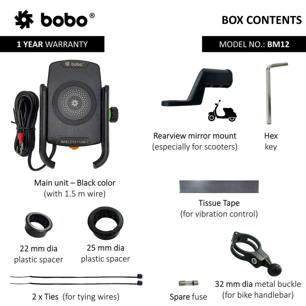 BOBO BM12 Bike Phone Holder with Fast 15W Wireless & USB-C Charger