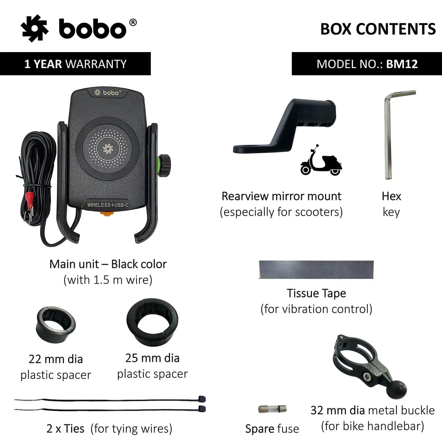 BOBO BM12 Bike Phone Holder with Fast 15W Wireless & USB-C Charger