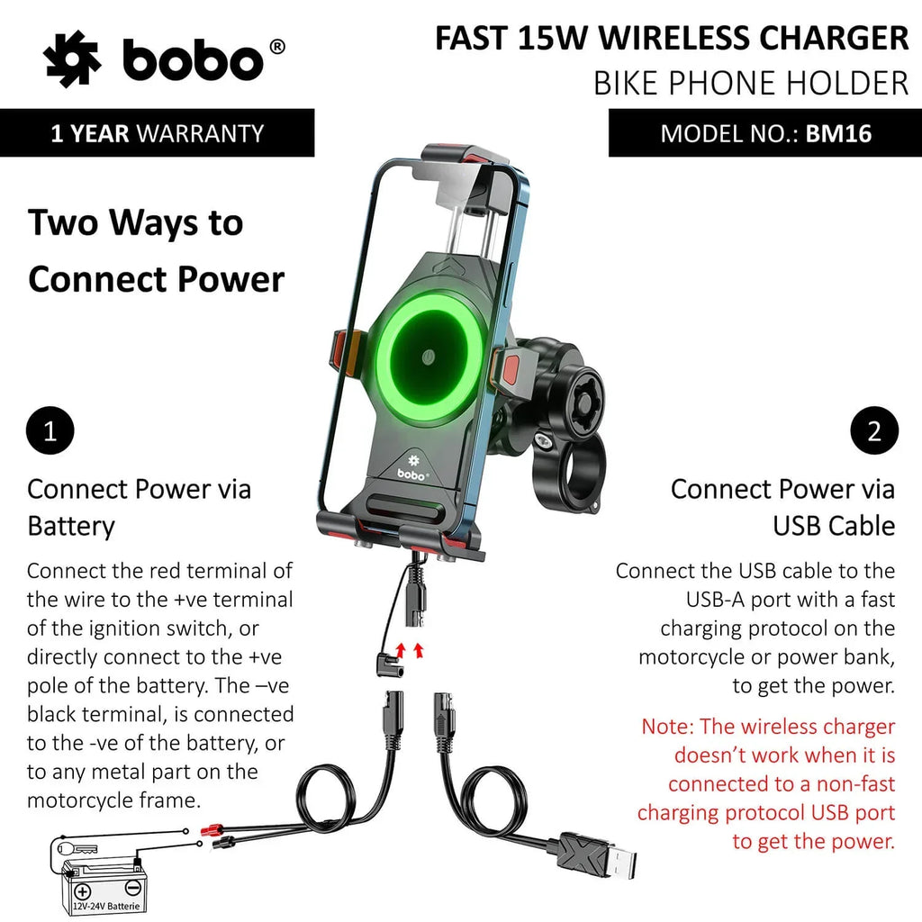 BOBO BM16 Anti-Vibration Metallic Bike Phone Holder with Fast 15W Wireless Charger