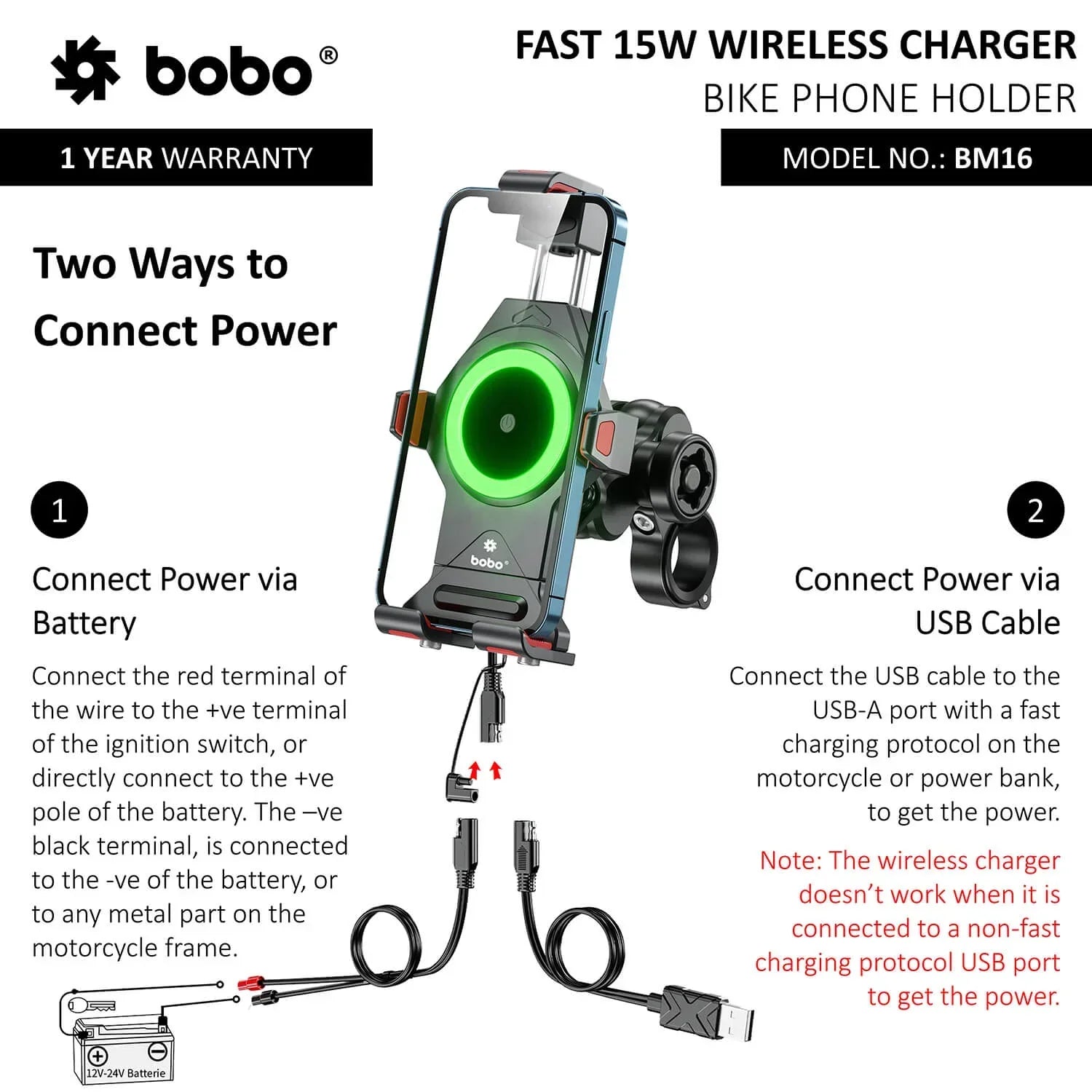 BOBO BM16 Anti-Vibration Metallic Bike Phone Holder with Fast 15W Wireless Charger