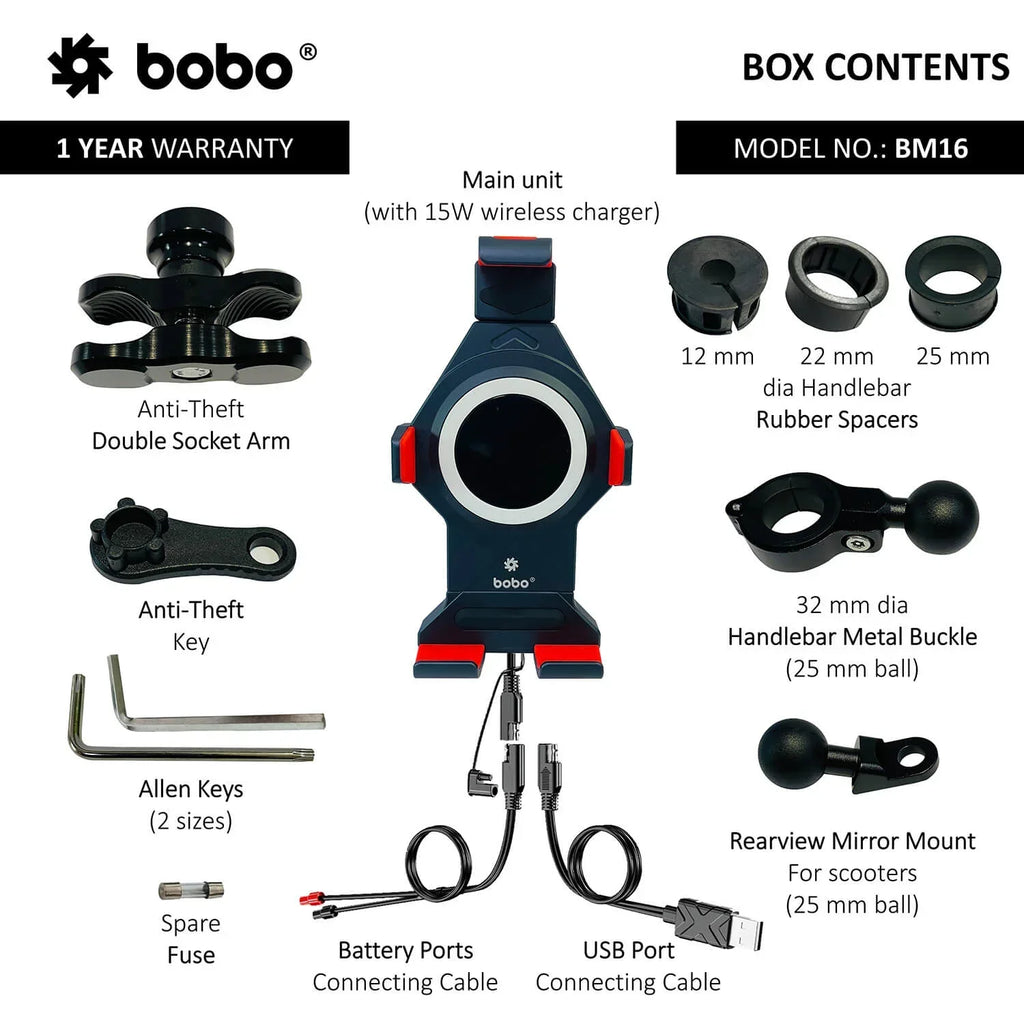 BOBO BM16 Anti-Vibration Metallic Bike Phone Holder with Fast 15W Wireless Charger