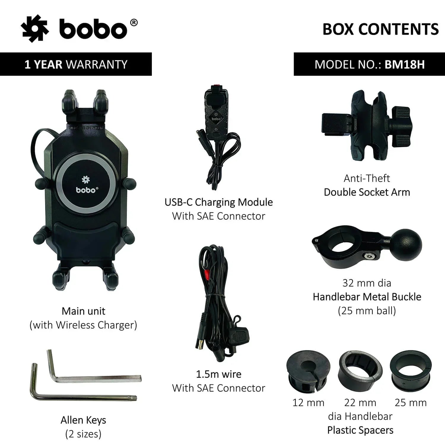 BOBO BM18H/M PRO Anti-Vibration Mount with 15W Wireless Charger & USB-C Charging