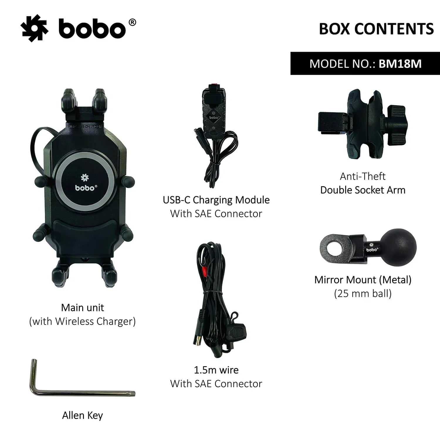 BOBO BM18H/M PRO Anti-Vibration Mount with 15W Wireless Charger & USB-C Charging
