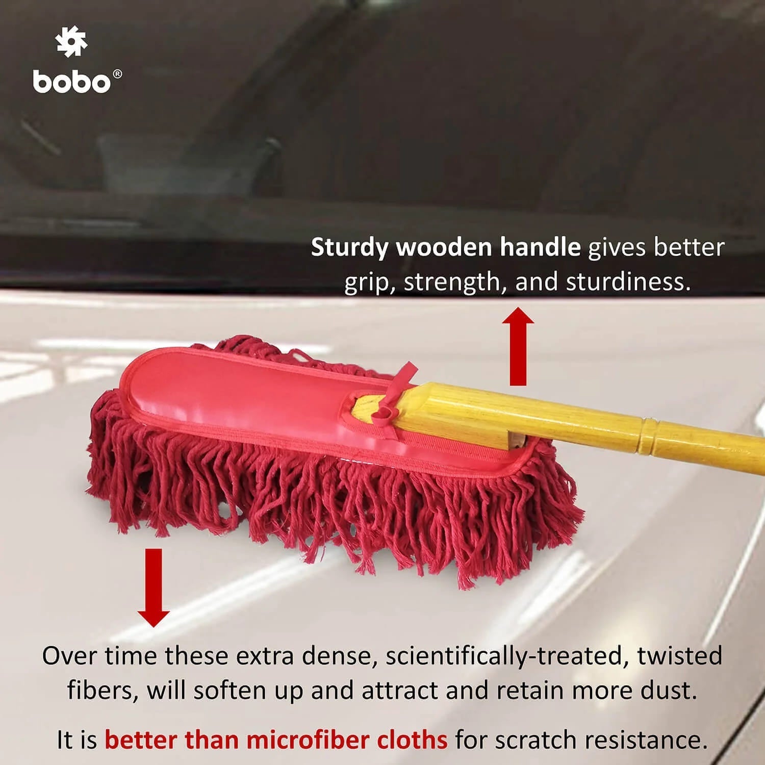 BOBO Car Duster – Premium Wax Treated Strands With Durable Solid Wood Handle – Includes Storage Cover