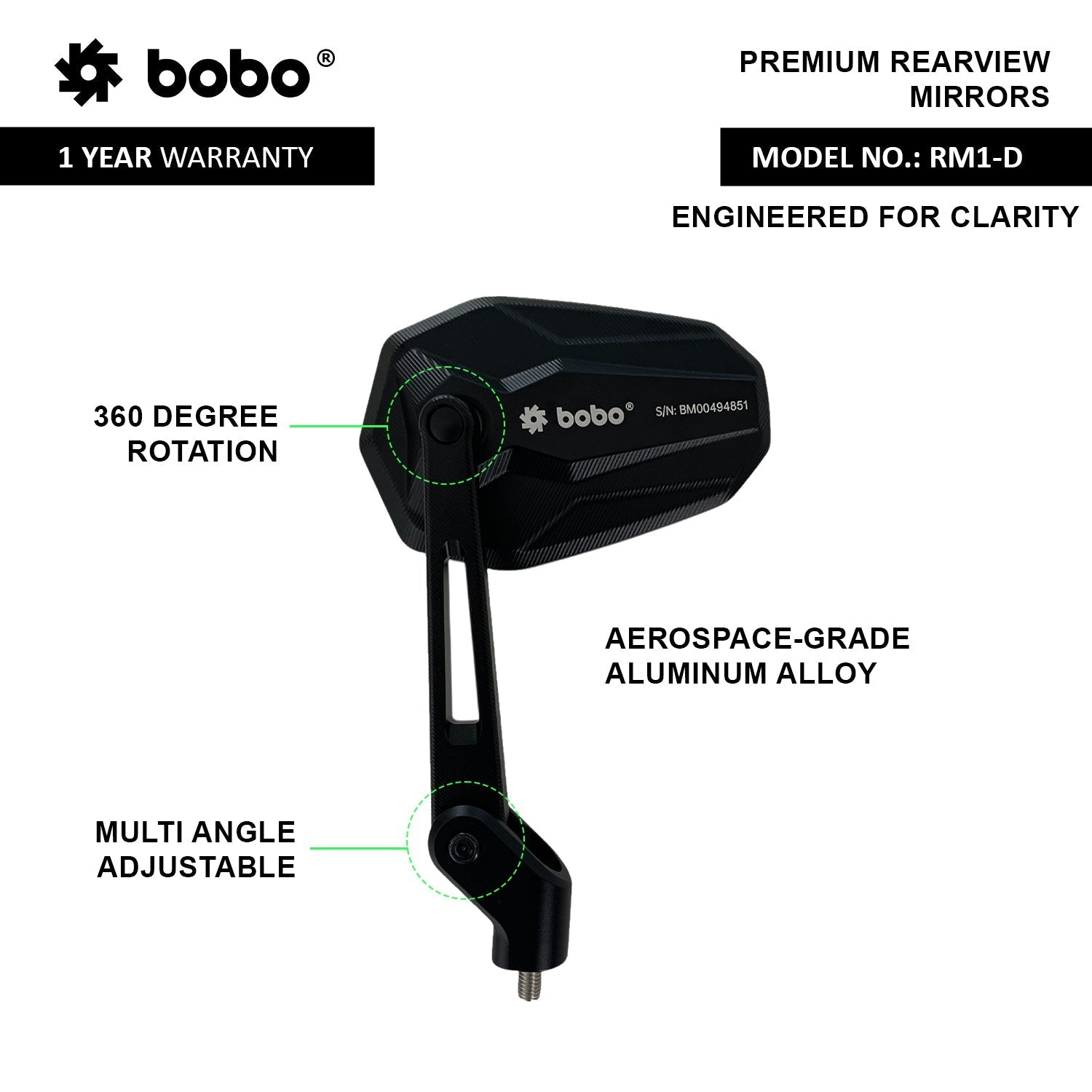 BOBO RM1-D Anti-Glare, Anti-Fog Rearview Bike Mirror