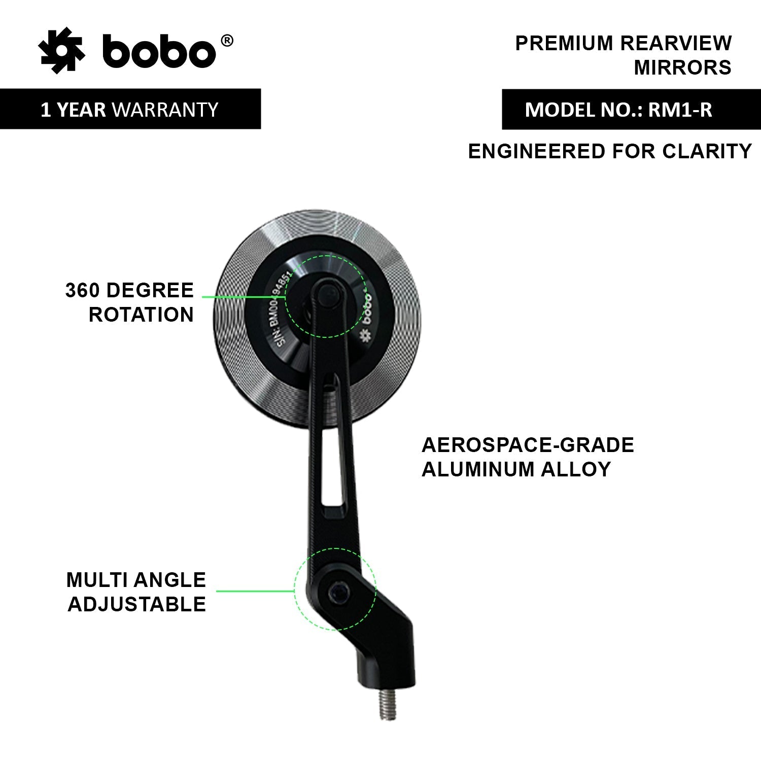 BOBO RM1-R Anti-Glare, Anti-Fog Rearview Bike Mirror