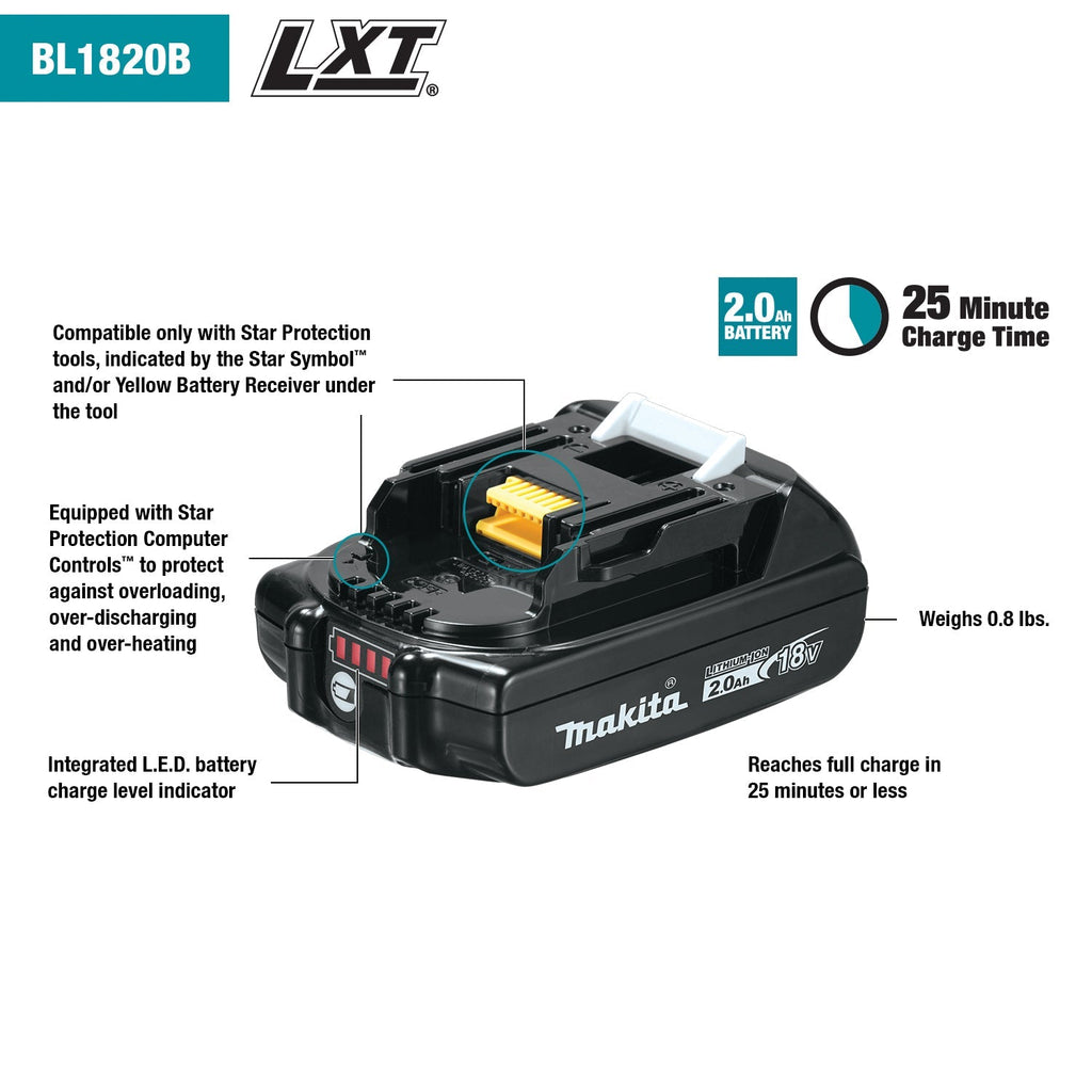 Makita 18V LXT Lithium-Ion 2.0Ah Battery, BL1820B