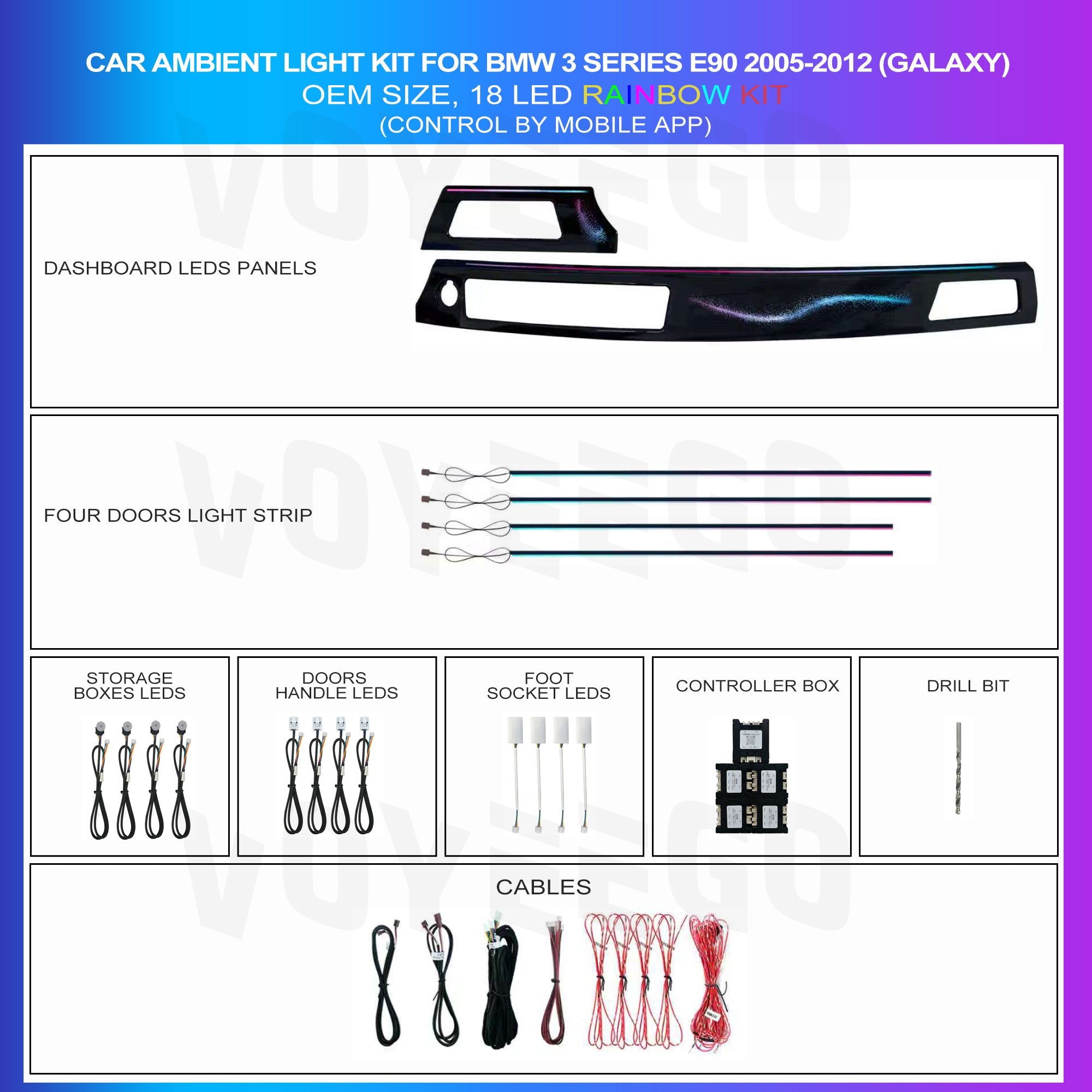 BMW 3 Series E90 E91 E92 E93 Ambient Lighting Kit (2005-2012) | Galaxy Rainbow LED Upgrade for Dashboard & Door Handles